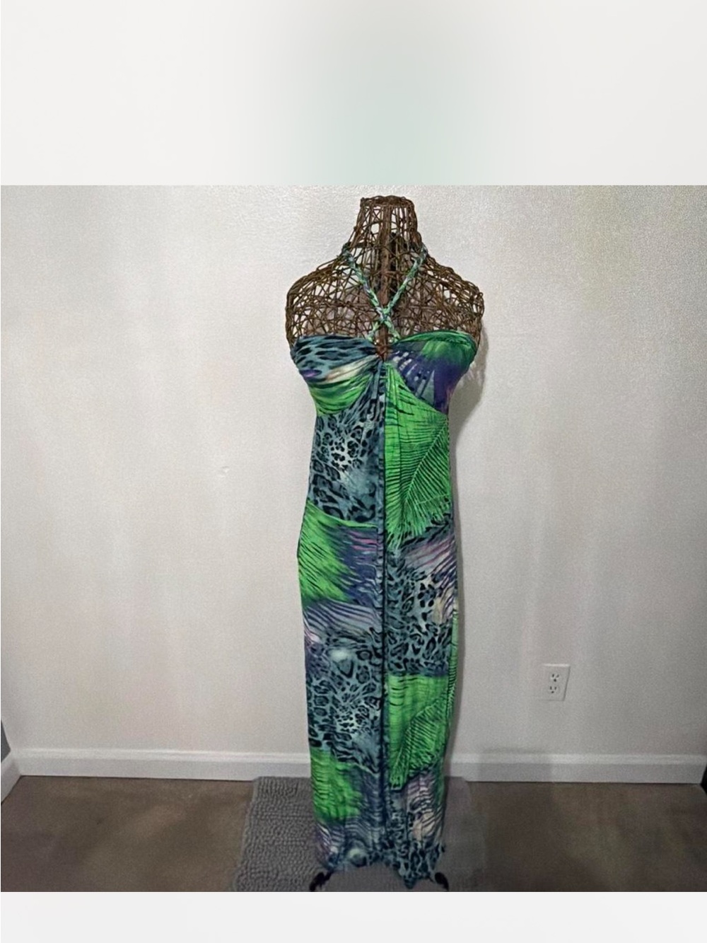 Tropical Green and Blue Halter Maxi Dress